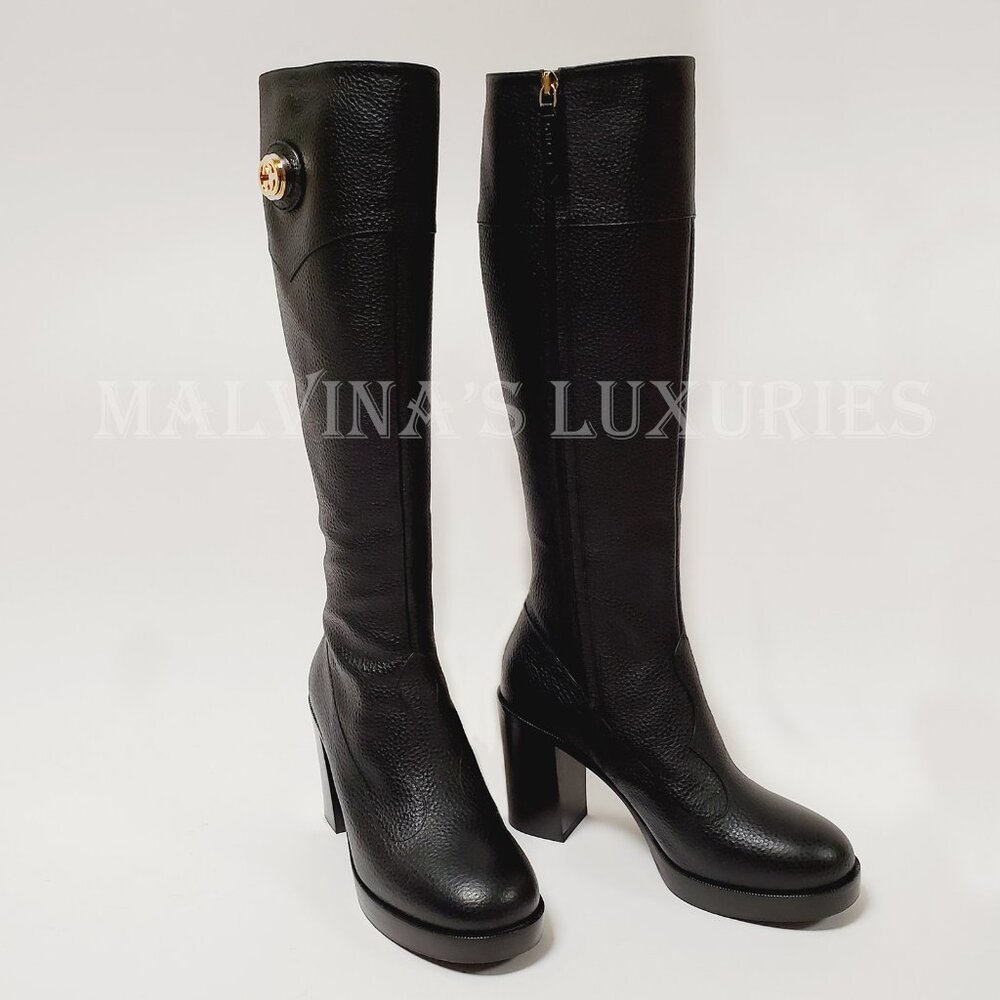 GUCCI BOOTS BLACK LEATHER TALL INTERLOCKING G LOGO sz IT 40.5 US 10.5 - Picture 5 of 16